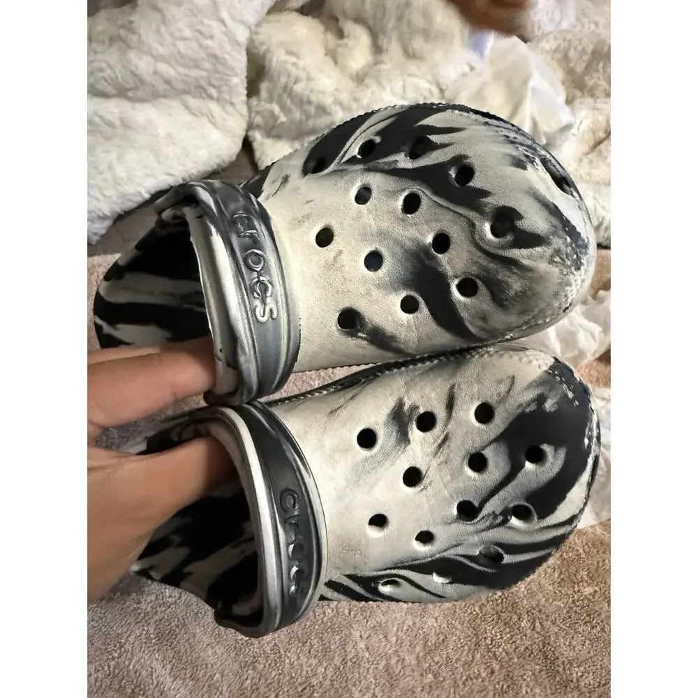 Crocs Classic Clog Slip-On Sandal Black/White Marbled Rubber Logo US 13